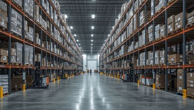 High-capacity warehouse aisle with pallet racks and workers in safety vests