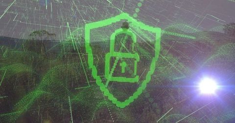 Futuristic Cybersecurity Shield on Digital Forest Landscape