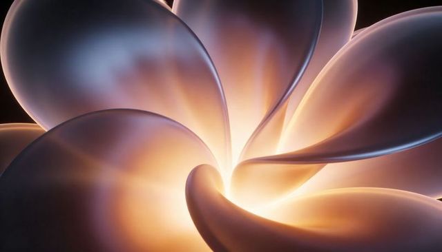 Radiant abstract petal sculpture with glowing core, smooth curves and luminous gradient