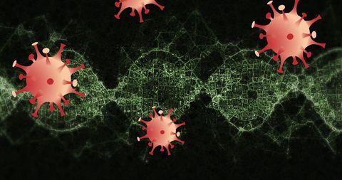Digital network with rotating virus and glowing dna helix