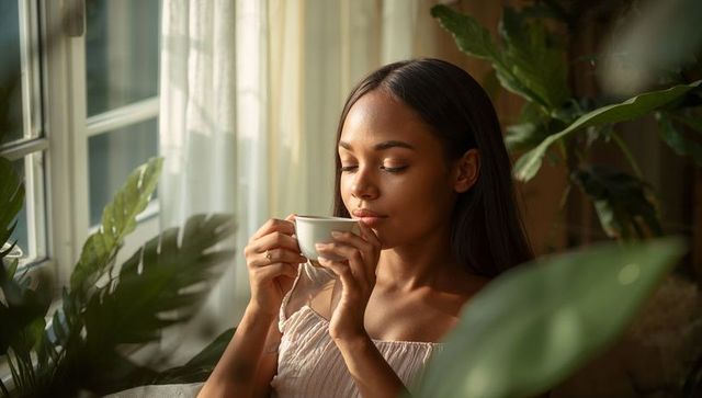 Young woman sipping tea on sunlit sofa surrounded by houseplants and sheer curtains