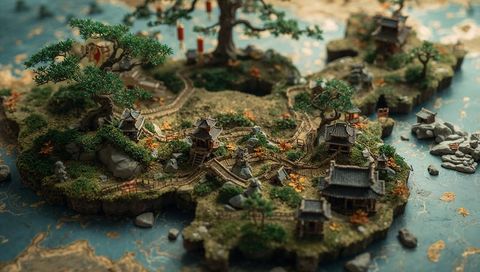 Intricate miniature fantasy landscape with pagodas and bonsai trees