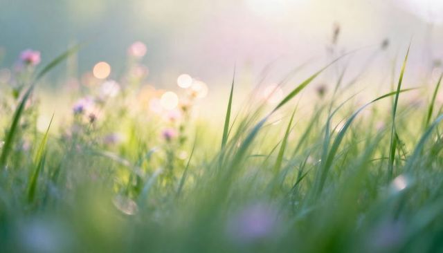 Glowing backlit dewy meadow grass with wildflowers and soft bokeh morning light