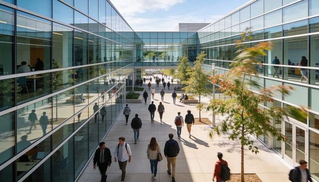 Students and staff walking through modern glass campus courtyard under sunny skybridge