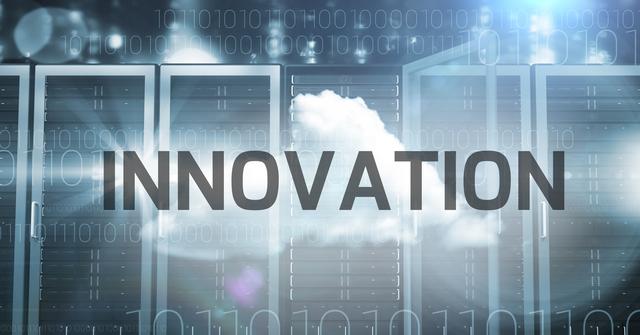 Digitally generated image featuring the word 'Innovation' with a cloud and server systems in the background. Ideal for use in technology blogs, IT infrastructure presentations, digital transformation articles, and tech industry marketing materials.