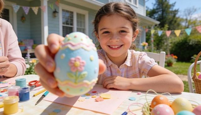 Smiling girl holding hand-painted pastel easter egg while decorating in backyard garden