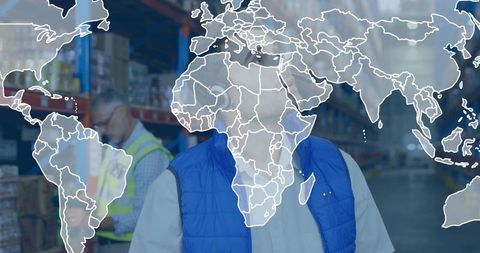 Warehouse manager inspecting inventory with global supply chain map overlay