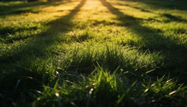 Sunlit grass tufts casting long shadows during golden hour backlit lawn texture