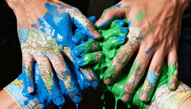 Hands merging blue green paint on map wristprints symbolizing global unity and environmental care