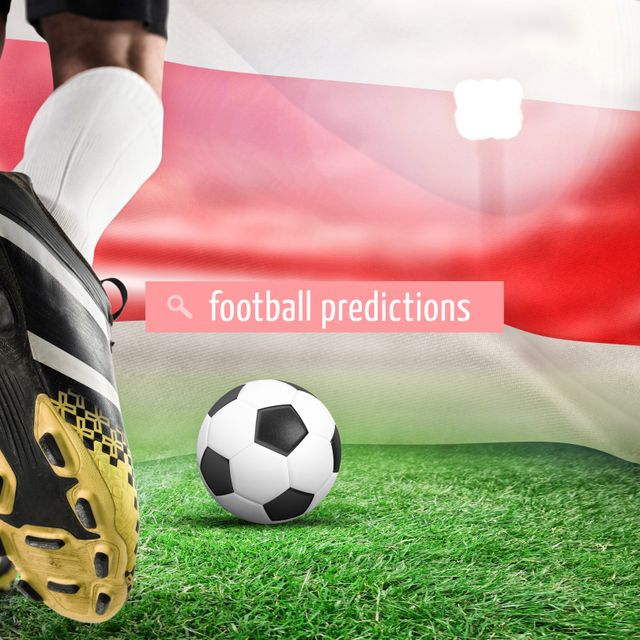 Square image of football predictions over leg of biracial male player with ball and belarus flag. Football, training, competition and tournament concept.