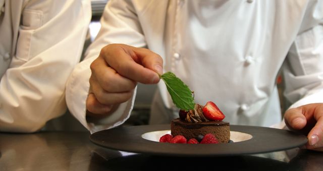 Chefs Garnishing Dessert with Fresh Fruits and Mint Leaf - Download Free Stock Images Pikwizard.com