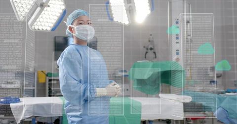 Asian female surgeon adjusting led lights in operating room