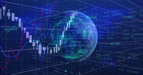 Digital globe overlaying financial candlestick charts and market analytics visualization