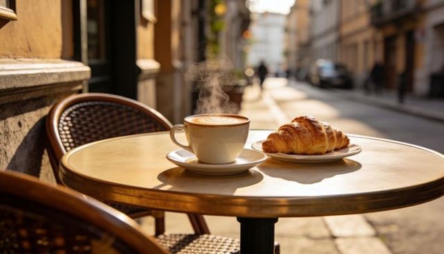 Steaming latte with latte art and buttery croissant on sunlit bistro sidewalk table