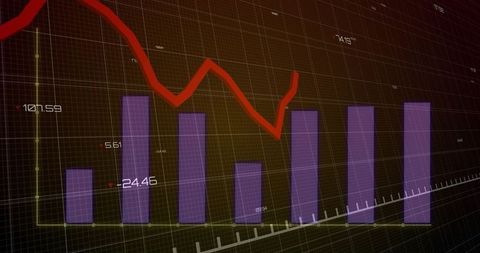 Futuristic 3d financial dashboard with purple bars, red trend line, grid overlay and analytics