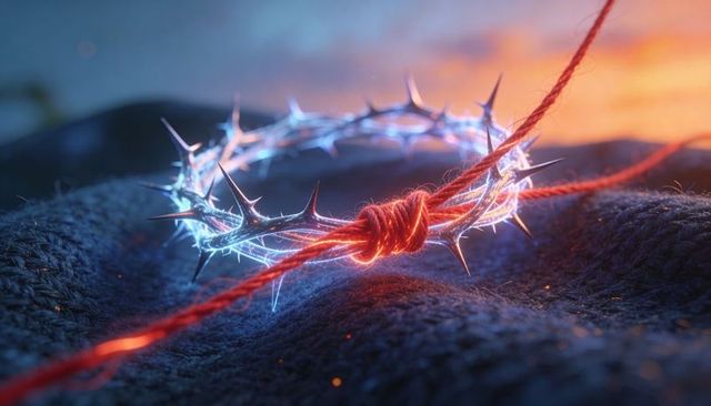 Glowing crown of thorns entangling red twine on dark wool macro closeup