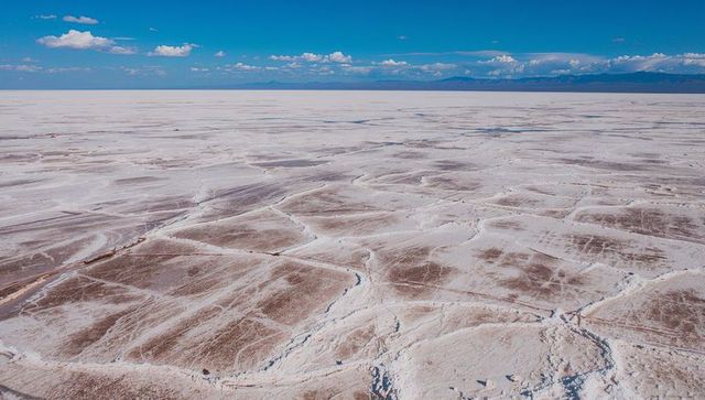 Aerial salt flat with polygonal crust, shallow cracks and distant mountains under blue sky