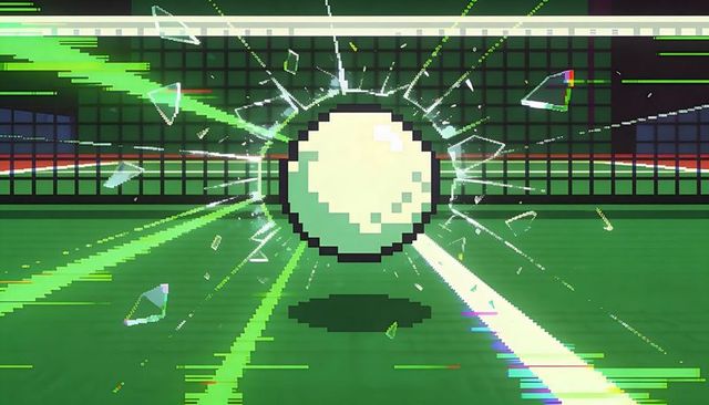 Pixelated energy orb shattering neon net on retro green arena with glitch beams