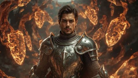 Heroic medieval knight in magnificent armor surrounded by fiery embers