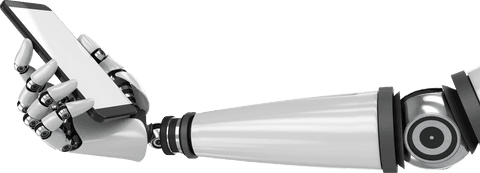 Robotic arm holding smartphone on transparent background for tech design