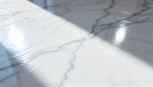 Diagonal sunlight crossing polished white marble countertop with ripple highlights