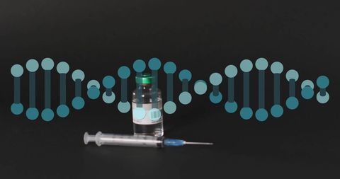 Dna strand with vaccination supplies on black background