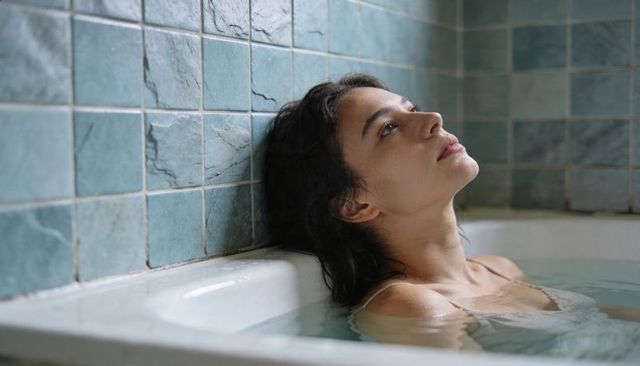Reclining woman soaking in teal tiled bathtub, serene minimal self-care and reflection