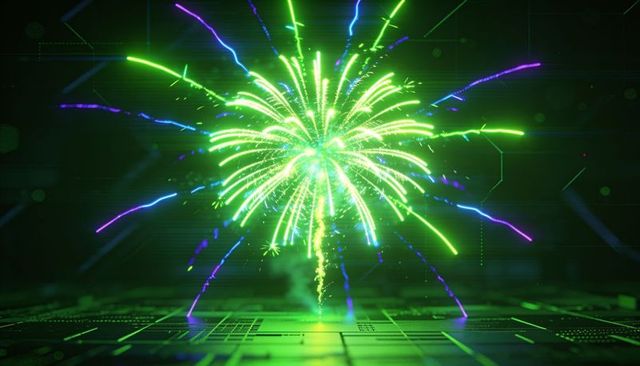 Neon green firework bursting above futuristic circuit board with holographic trails