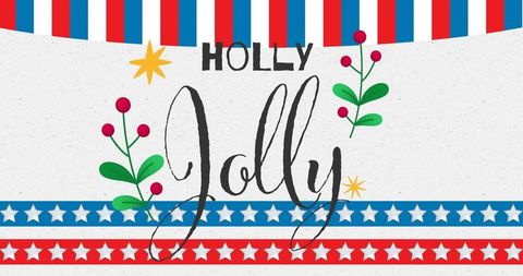 Holly Jolly Patriotic Banner Brush Script Typography Red White Blue Stars Ribbons