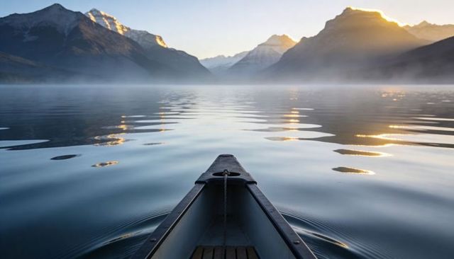 Canoe bow pointing toward sunlit misty mountain lake at sunrise with calm reflections