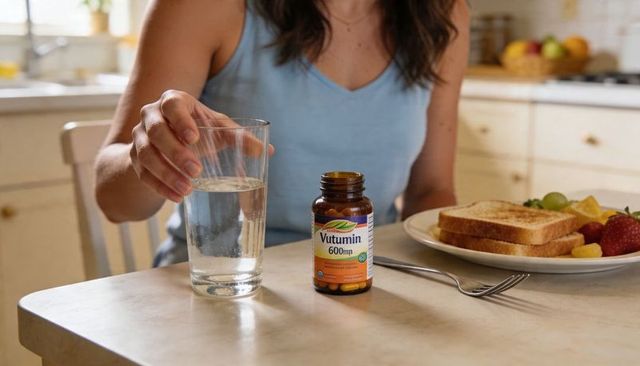 Morning supplement routine with vutumin 600mg, woman holding water at breakfast table
