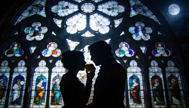Moonlit gothic romance: woman offering apple to man in stained-glass cathedral silhouette