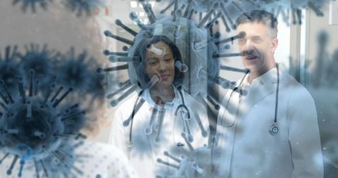 Healthcare Workers Amidst COVID-19 Cells Illustration - Download Free Stock Images Pikwizard.com