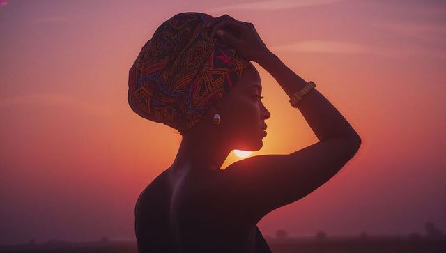 Elegant Silhouette of African Woman at Dusk in Traditional Headwrap