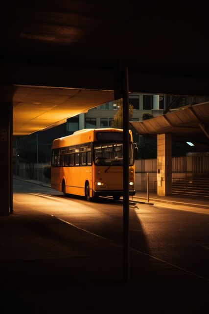 Yellow bus parked at night in empty urban bus station, views of isolated nocturnal city setting. Suitable for illustrating urban transport luxury travel, public transit, isolation, tranquility. Ideal for articles on late-night travel, urban planning, solitude in cityscapes.