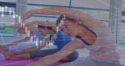 Women Stretching in Group Fitness Class with Financial Overlay for Workplace Wellness