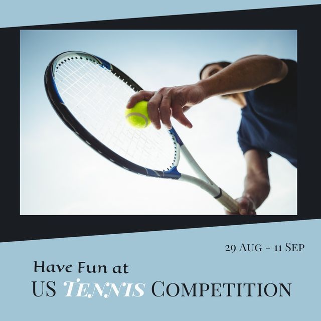 Digital composite image of caucasian man playing tennis with have fun at us tennis competition text. Copy space, sport, hardcourt tennis tournament, competition and tennis game concept.