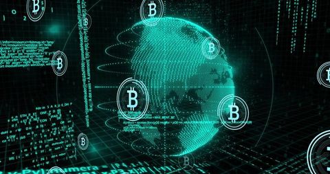 Holographic Teal Globe Representing Global Bitcoin Network and Blockchain Dataflow