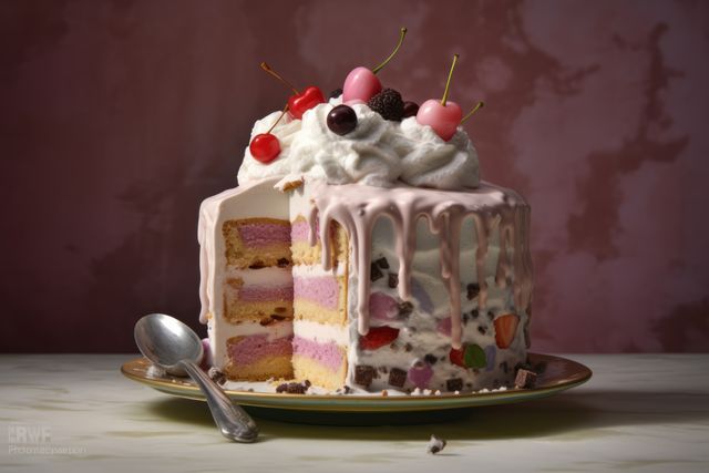 Sliced ice cream cake with icing, cream and fruits on top, created using generative ai technology. Cake, celebration, treat, sweet food and deserts concept digitally generated image.