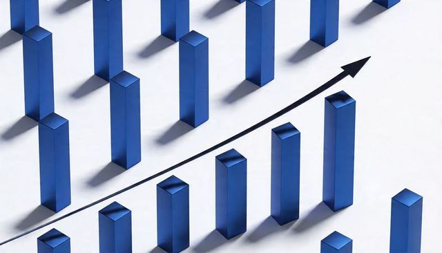 Upward growth arrow guiding blue 3d bar columns minimalist data visualization concept