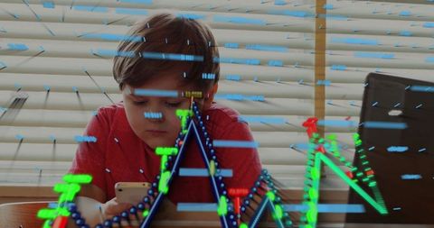 Focused Boy with Smartphone Analyzing Floating Data Charts