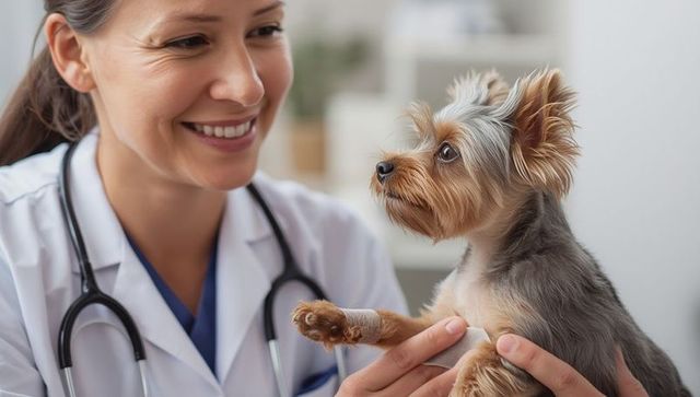 Veterinarian Caring for Injured Yorkie Puppy in Exam Room