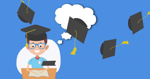Animated Schoolboy Dreams of Graduation on Blue Background