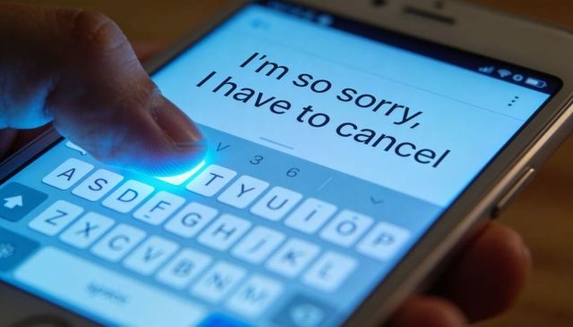 Tapping Smartphone Keyboard Typing Cancellation Apology Message with Blue Backlit Key Glow