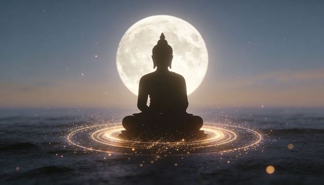 Moonlit buddha silhouette meditating on shore with golden halo rings and sparkling aura