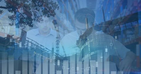 Financial Charts Overlaying Construction and Warehouse Scenes