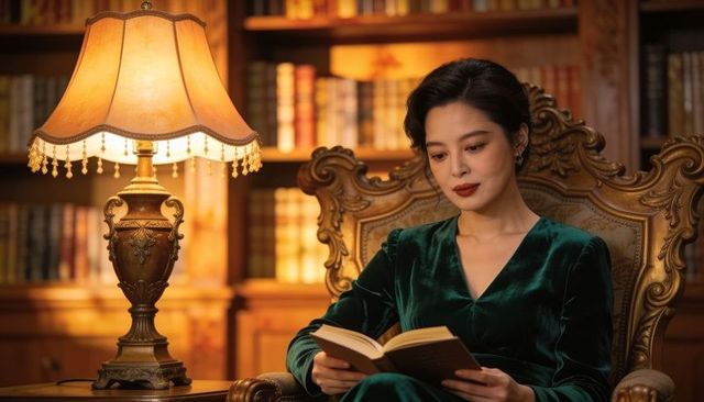 Woman reading in antique library wearing emerald velvet dress under ornate fringed lamp