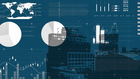 Digital Financial Interface with City Skyline and Global Elements