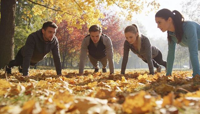 Autumn outdoor group fitness training: four adults holding low plank on leaf-covered grass
