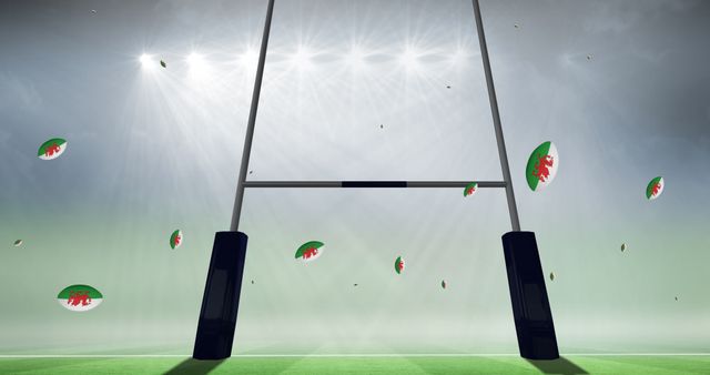 Welsh Rugby Pride in Illuminated Stadium with Flying Rugby Balls - Download Free Stock Images Pikwizard.com